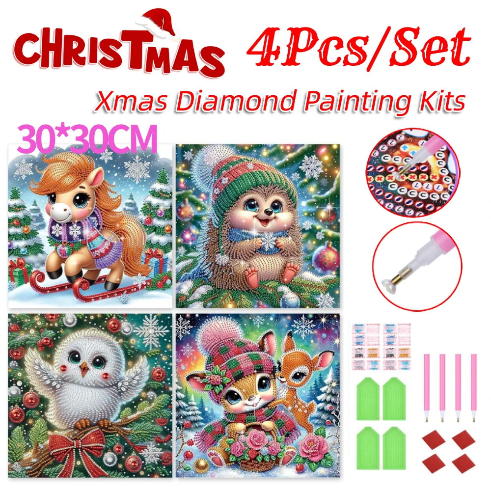 

4Pcs/Set Xmas Diamond Painting Kits Partial Drill Special Shape 30x30cm Wall Decor Christmas Snowman Desktop Ornaments Gifts
