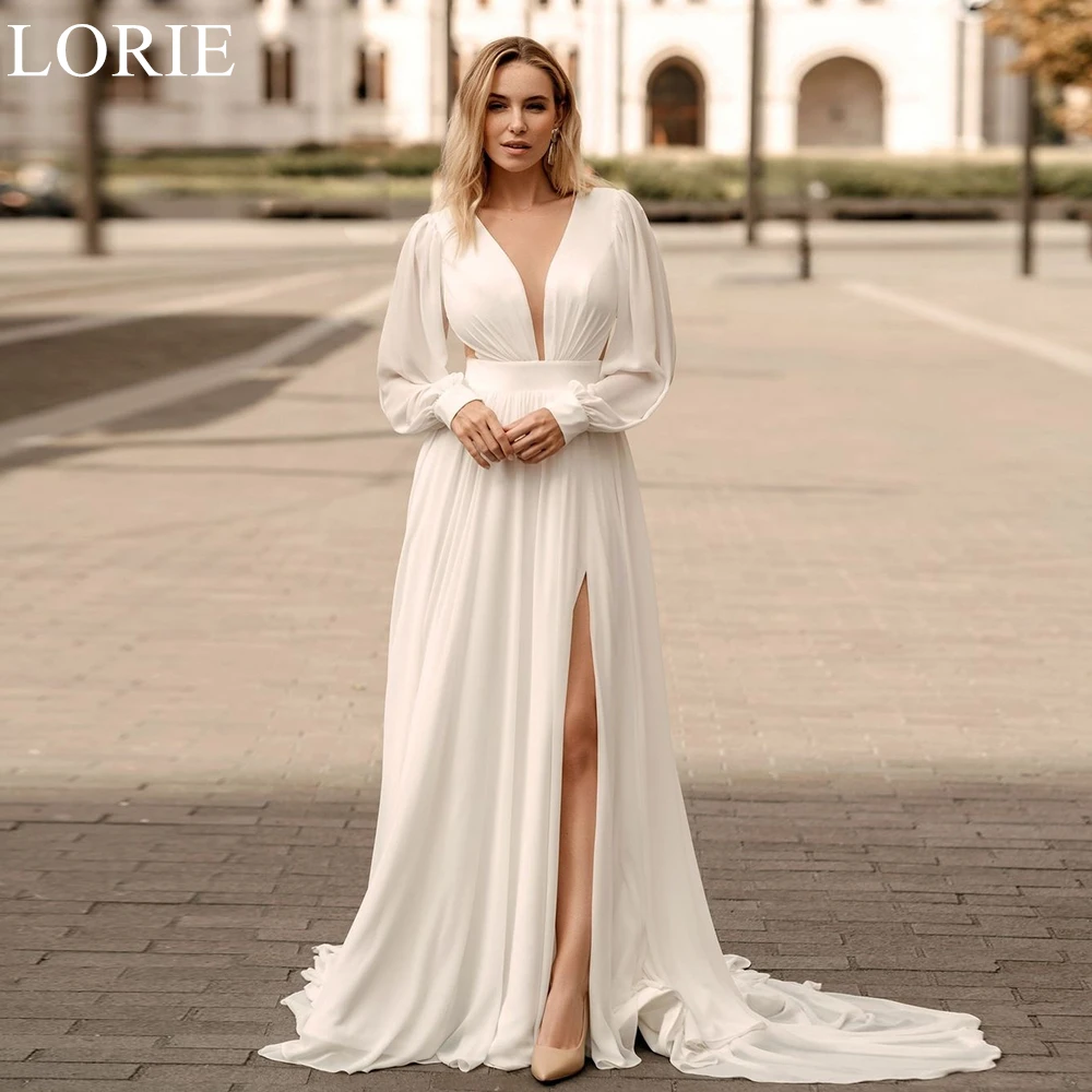 LORIE Elegant Ivory Wedding Dresses Deep V-Neck A-Line Puff Sleeves Bride Prom Gown Pleated Side Slit Bridal Gowns Customized