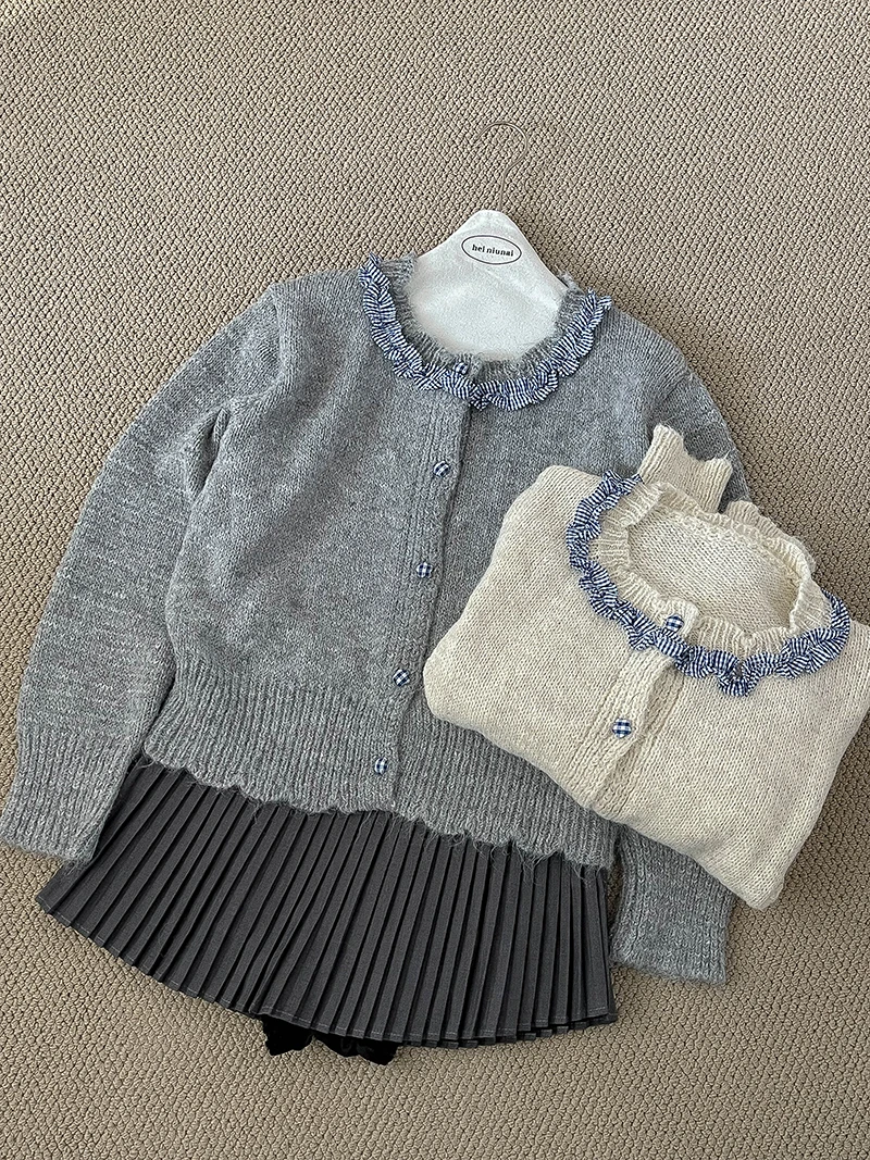 

Faionable Plaid Ruffle Collar Loose Long Sve Knitted Sweater round Ne Women's Autumn Winter Warm Thermal Trendy Top