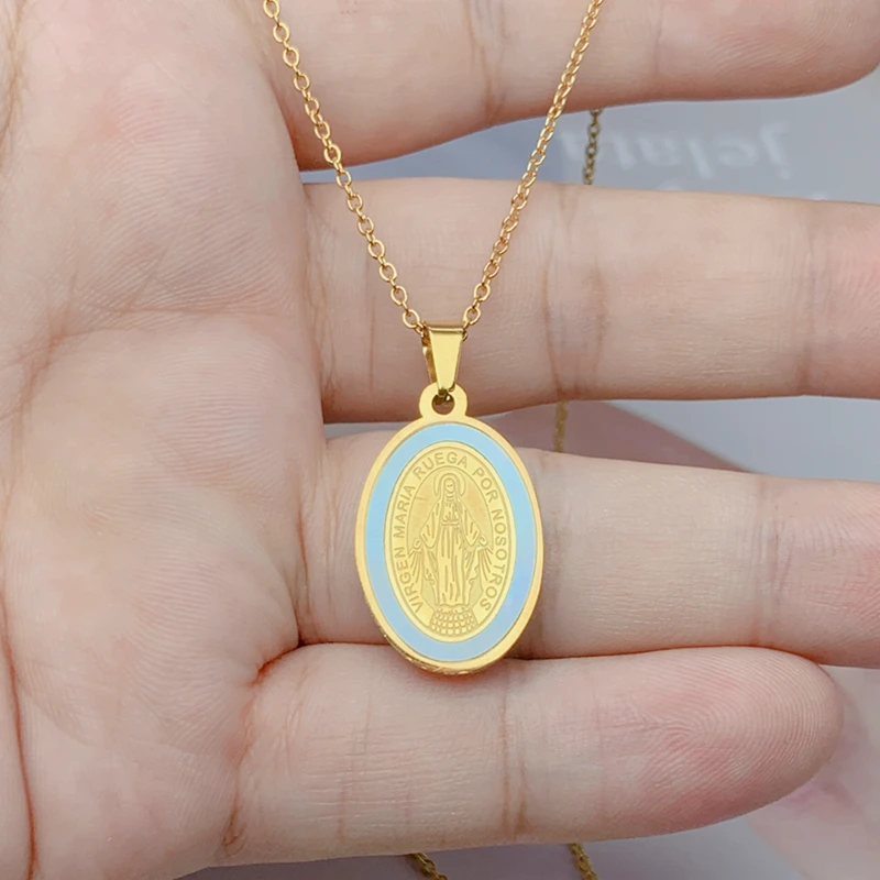 

Religious Stainless Steel Oval Medal Virgin Mary Pendant Necklace For Women Gift Jewelry