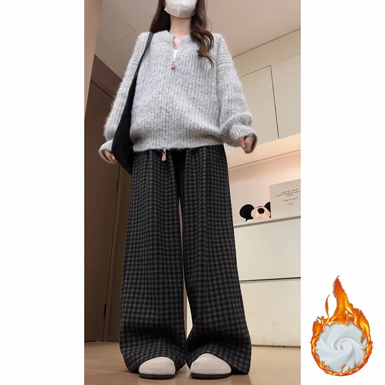 하이 웨이스트 플리스 안감 두꺼운 회색 격자 무늬 와이드 레그 팬츠 여성용 가을 겨울 신상 패션 스트레이트 컷 바지