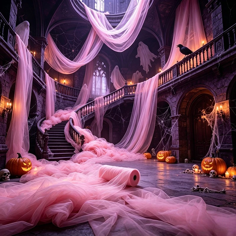 Halloween Pink Sheer Tulle 50m，Black/white Polyester Tulle Draping Fabric for Decor Wedding Christmas Halloween Arch Ghost House