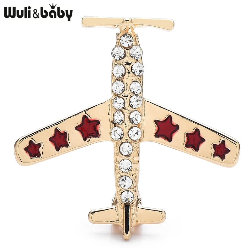 Wuli&baby Enamel Star Plane Old Airplane Brooch Pins Crystal Aircraft Metal Badge Jewelry Gift