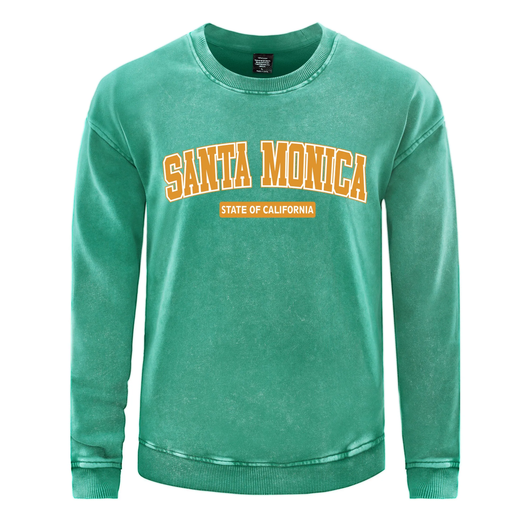 Santa Monica State Of California   Men Pullovers Harajuku Cotton Washed Sweatshirt Trendy Crewneck Top Oversize Streetwear