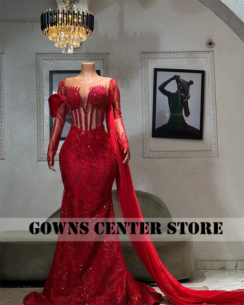 Active Red Beaded Long Sleeve Mermaid Evening Gowns For Elegant Wedding Party See Thru African Crystal Special Customized