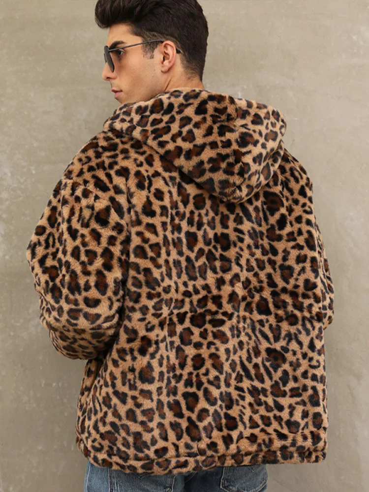 2024 Autumn Winter Faux Fur Leopard Coat Men's Warm Plush Zipper Long Sleeve Hooded Jacket Male Fashion Street Thickened Coat