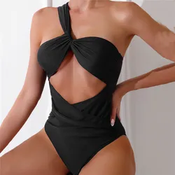 One Shoulder Sexy Black Swimsuit Women One Piece Swimwear 2024 Hollow Out Monokini Cross Bandage Bathing Suit Swimming Wear