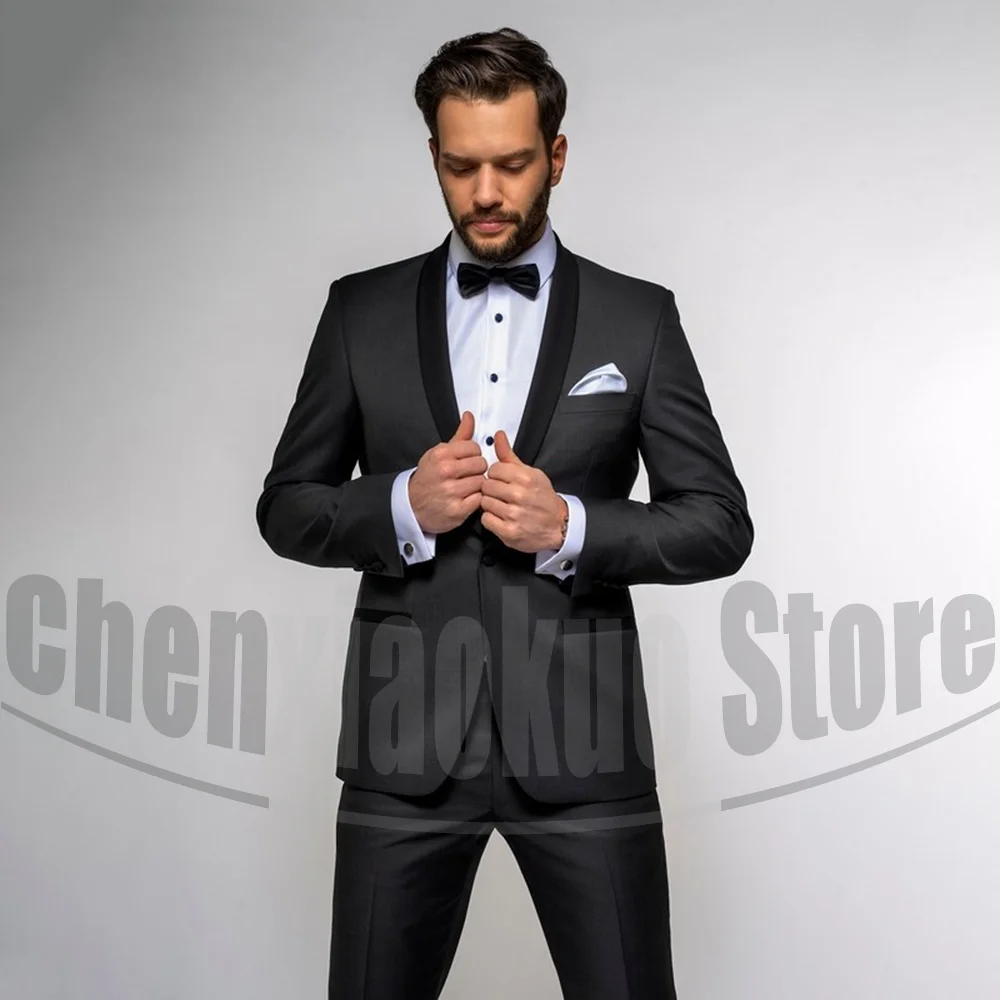 

Мужской черный костюм-смокинг с шалью и лацканами, облегающий деловой костюм для свадьбы, жениха, выпускного вечера, мужской костюм на одной пуговице, комплект из 2 предметов