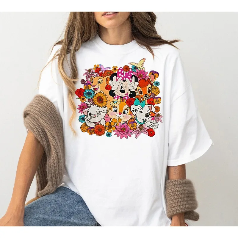 

2025 Plus Size Women's Summer 100% Cotton Short-Sleeve T-Shirt Disney Minnie Mouse Cartoon Print Fashion Crew Neck Apparel