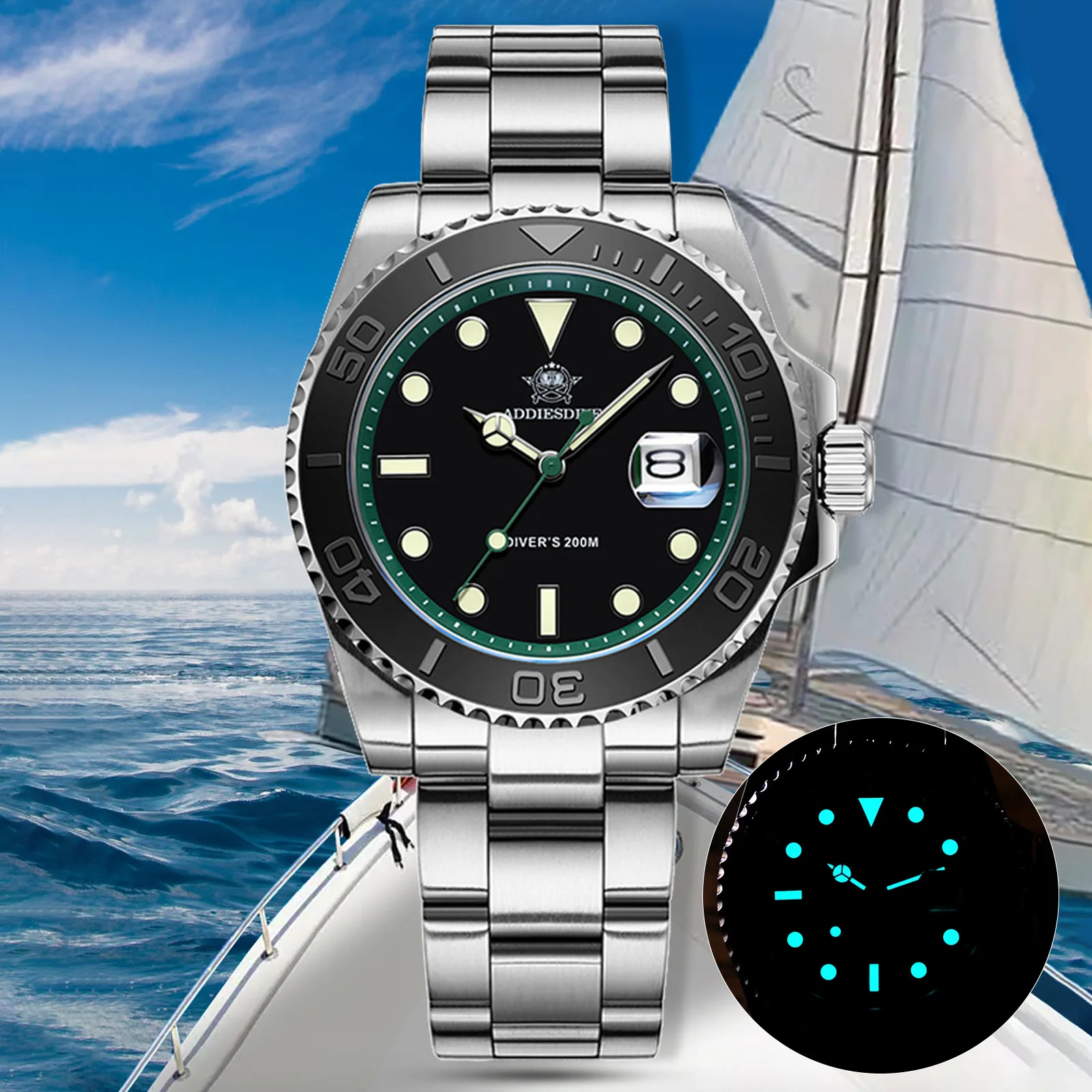 ADDIESDIVE Diving AD2040 Quartz Watches Stainless Steel 200m Waterproof Calendar Display Wristwatch Fashion Super Luminous Watch