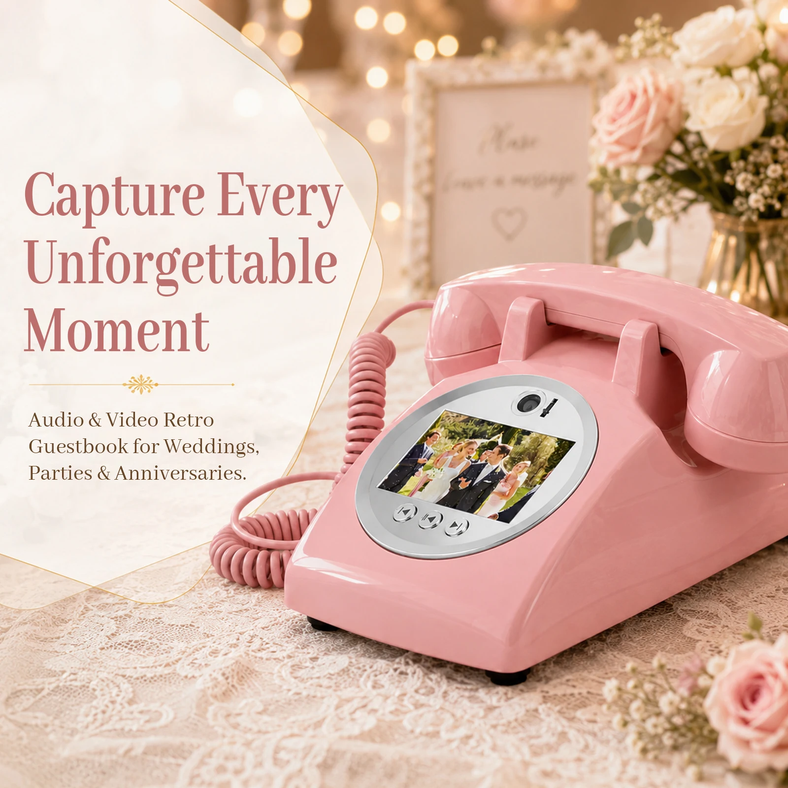 Video Guest Book Pink Telephone for Wedding Reception Record Video Blessings from Guests with 1080P Camera 32GB Storage Gift Box