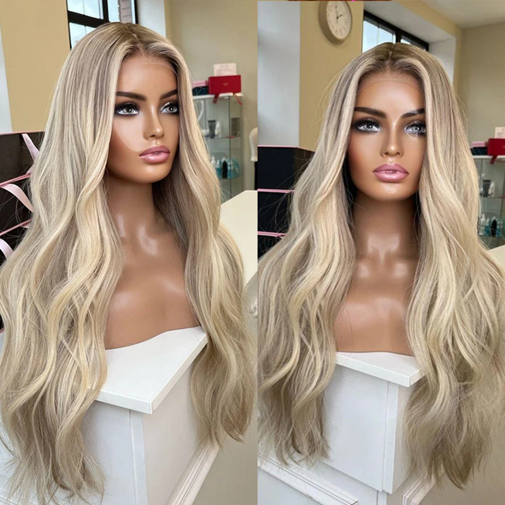 Full Lace Wig Warm Blonde Highlights Human Hair Wigs 13x6 HD Invisible Lace with Natural Roots Slight Wavy Virgin Hair 180%