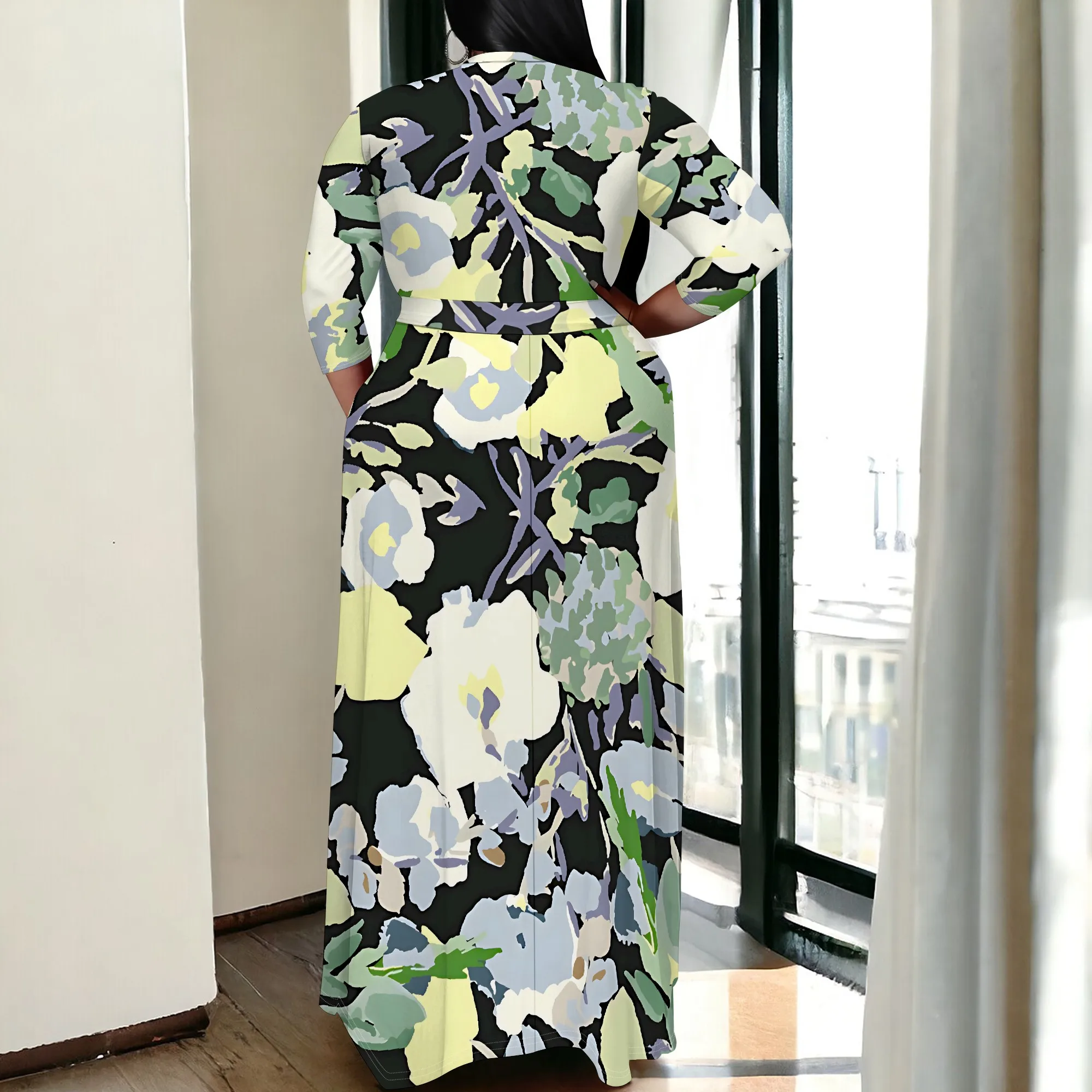 Plus Size Women's Summer Fashion Printed 3/4 Sleeve Maxi Dress for Women Short Sleeve Long Loose Casual Dresses With Pocket