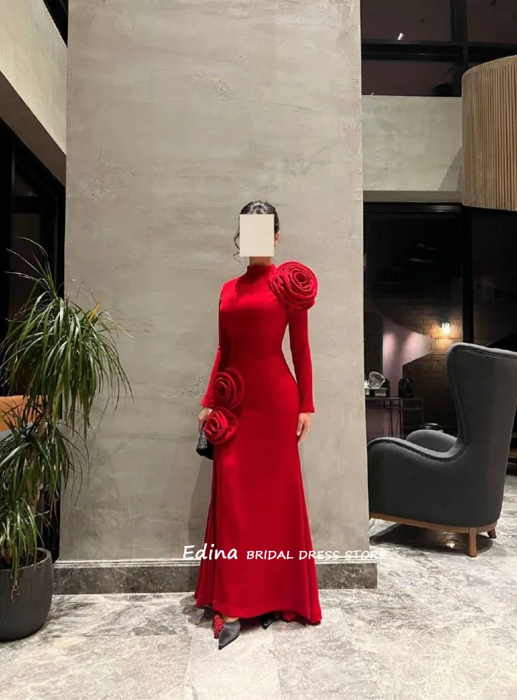 Elegant Long Sleeves Red Satin فساتين سهرة Prom Dresses Custom Made Trumpet Long Party Gowns robes de soirée