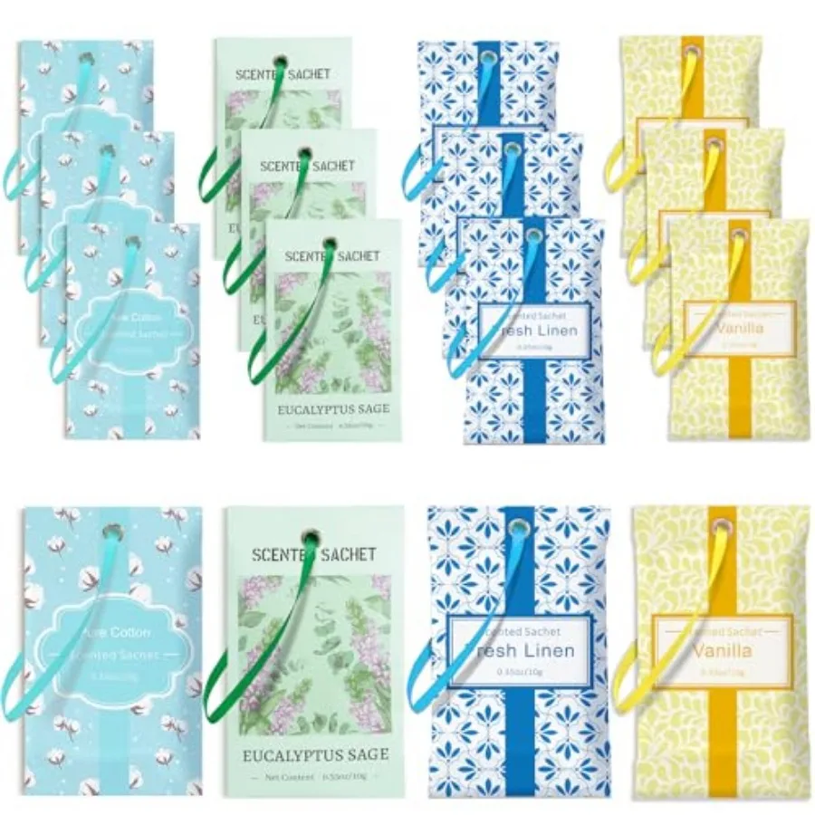 

Scented Sachets for Drawer and Closet, 16 Packs 4 Scents Fresh Linen, Eucalyptus Sage, Cotton, Vanilla, Long-Lasting Sachets fo