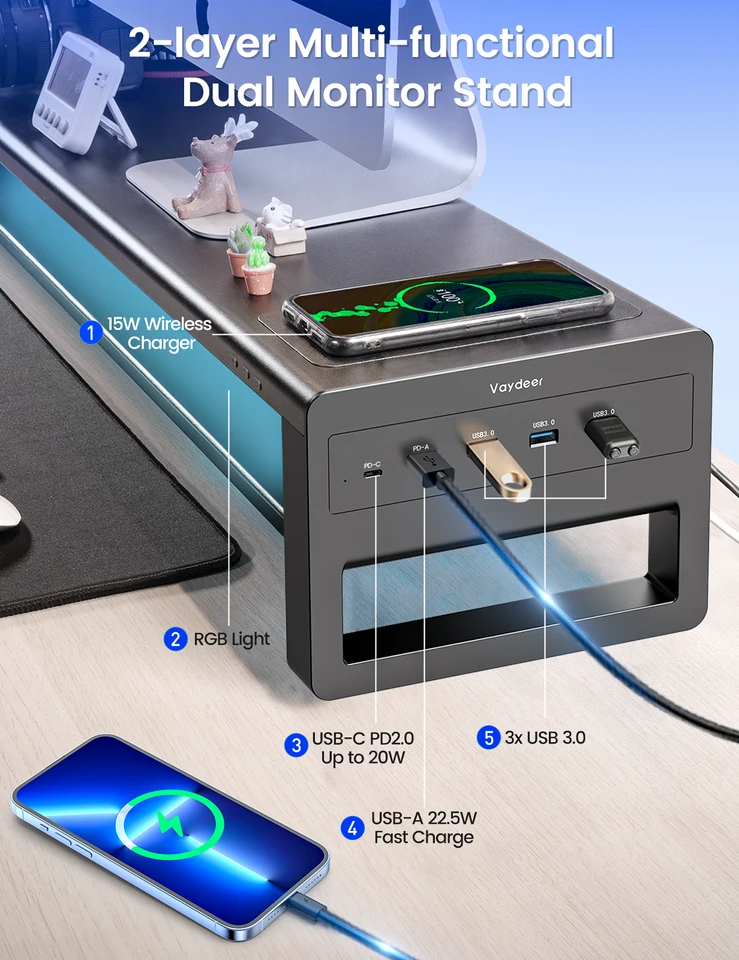 vaydeer モニタースタンドの実機レビュー、机上が ワイヤレス充電・USBハブ付 ハブ モニター台　ドッキングステーション　USB ZG9S03 モニター台