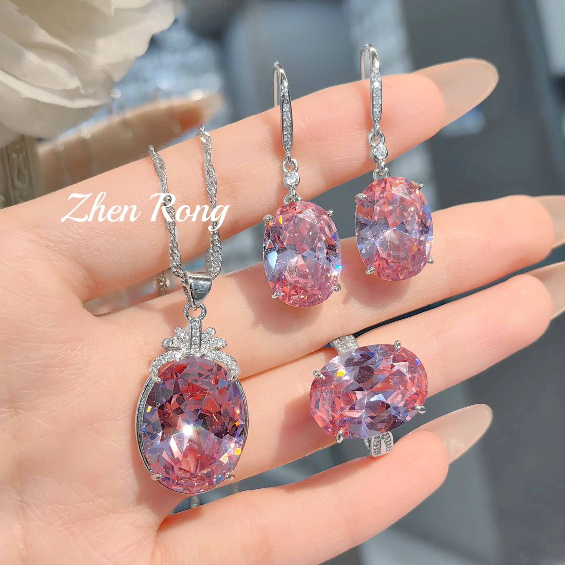 Hot selling super sparkling navy blue necklace, round colorful earrings, violet ring, pink zircon set for women