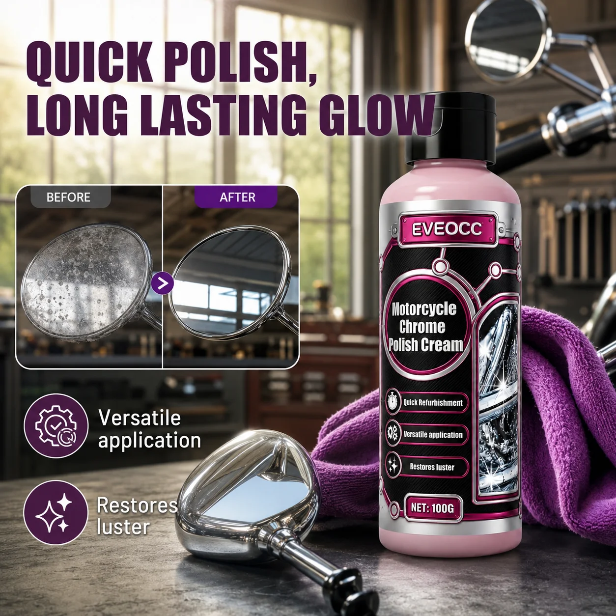 EVEOCC Metal Chrome Polishing Cream, Quick Refurbishment Restores Luster for Motorcycle Chrome Trim Exhaust Pipe Metal Surfaces