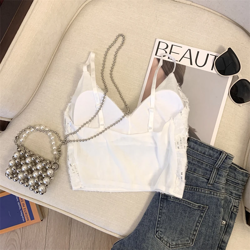 Sexy elegante camisola coletes feminino lantejoulas colheita topos slings 2025 verão sem mangas profundo decote em v moda chique senhoras camisetas jumpers