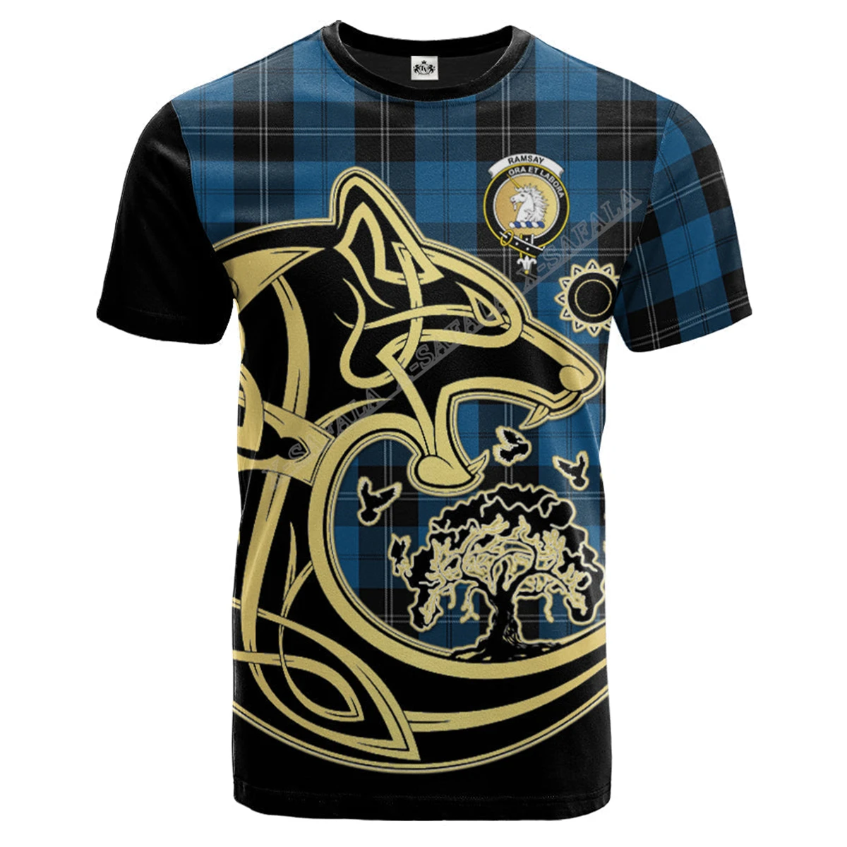 Ramsay Blue Hunting Celtic Wolf  Tartan day Scottish Family Celtic Scotland 3D Print Men Adult T-Shirt Top Tee Short Sleeve