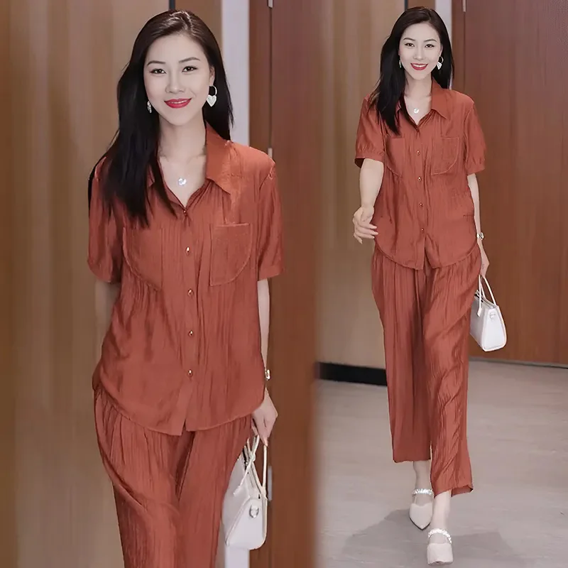 Women's Summer Set 2024 New Women's Fashion Casual And Western Style Covering Belly and Slimming Pants Two Piece Set Solid Color