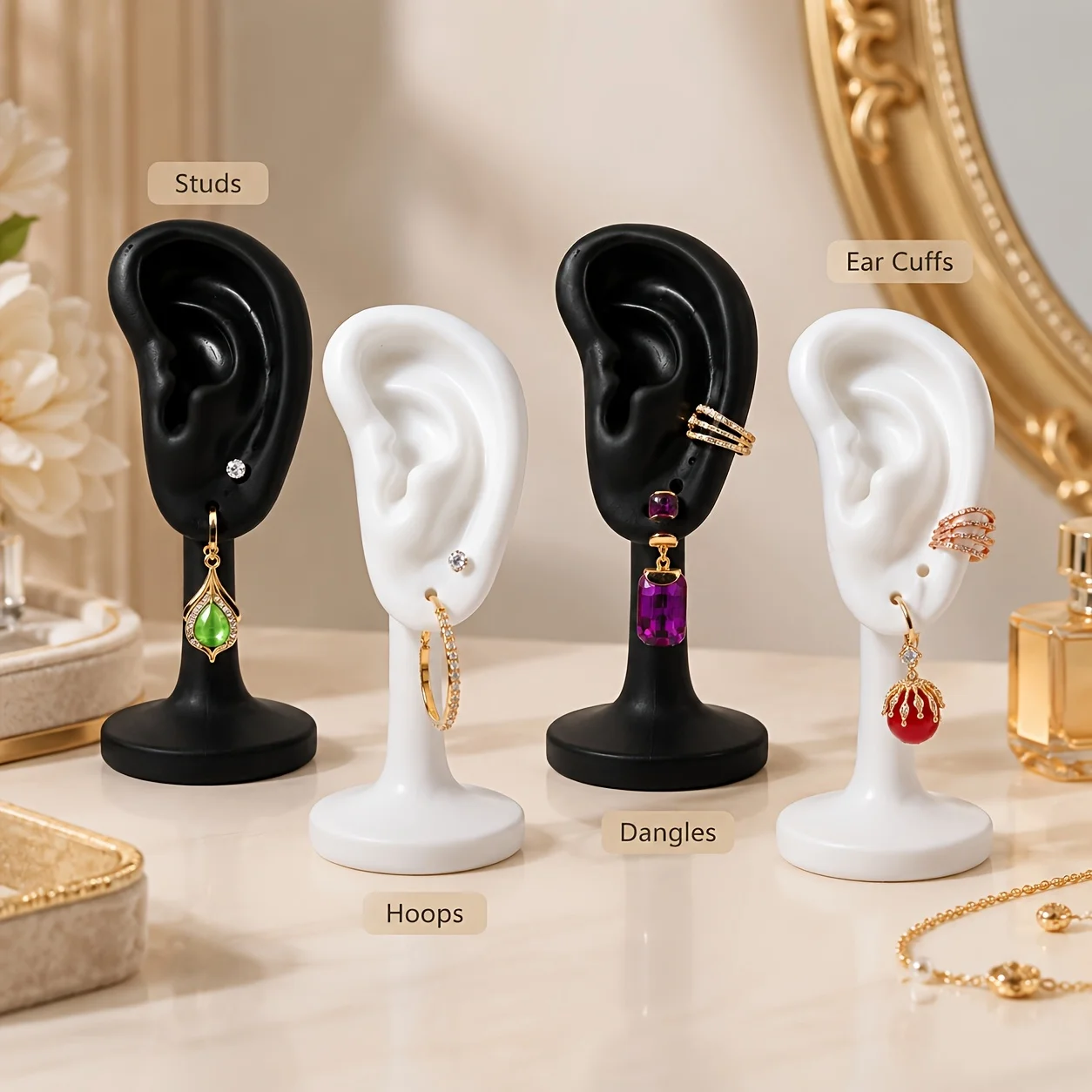 4 Pack Earring Display Mannequin Ear Model, Black White Jewelry Holder Stand, Ear Stud Rack for Home Shop Photo Props