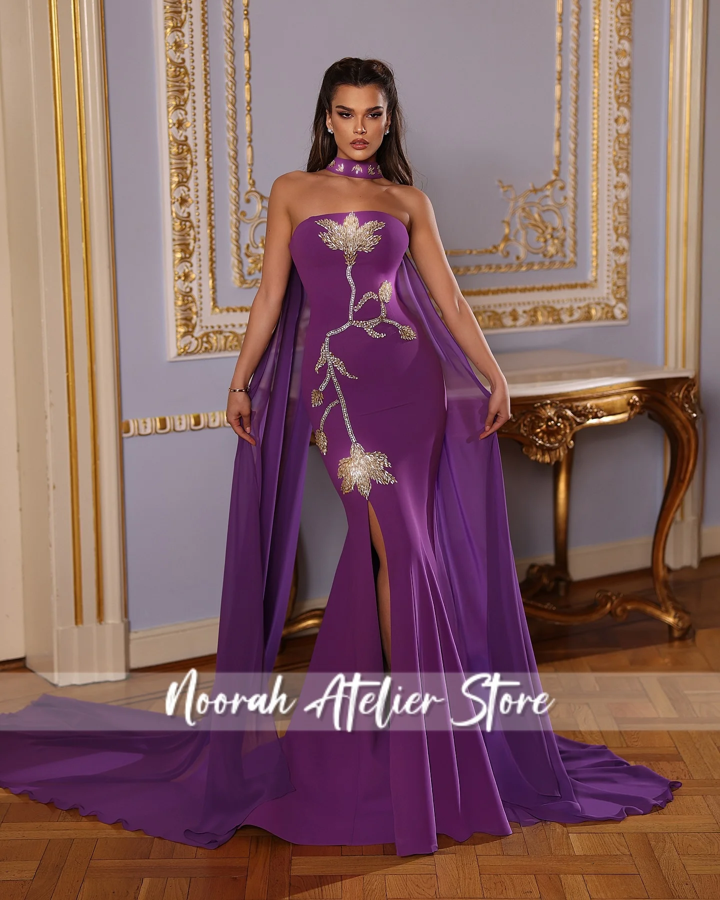 

Purple strapless Beads flower luxury women Evening Dresses 2025 Stole Women Mermaid wedding Gown Saudi Arabia Long Customized
