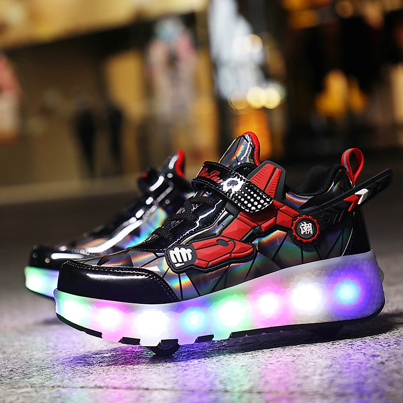 High Quality Skate Shoes for Kids Fashion LED Light Luminous Sneakers Children Two Wheels Shoes for Boys Girls with USB Charging