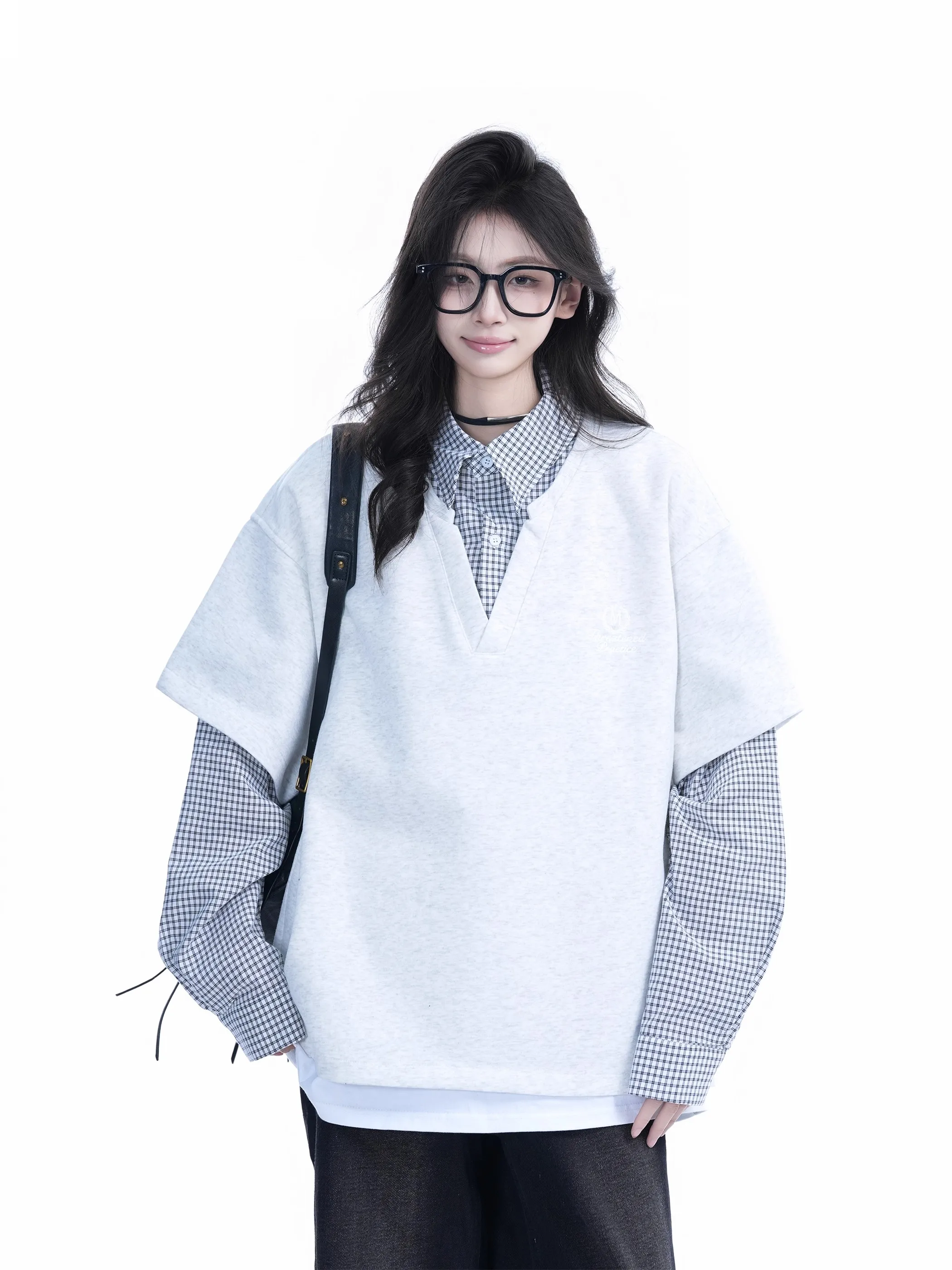 American College Sle Patchwork Fake Two-Piece Sweatirt Casual Long Sve  irt Collar ex Comfortable Fit Hoodie
