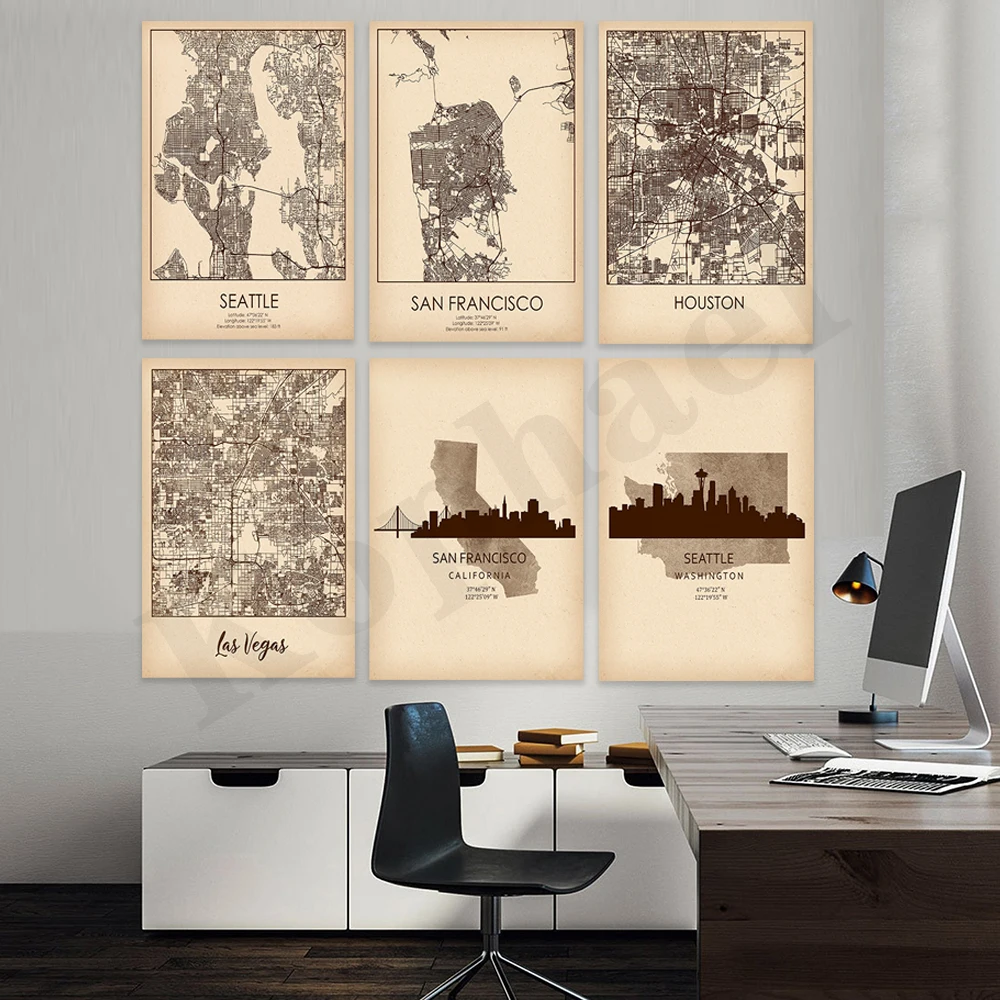 Seattle San Francisco Las Vegas Chicago Houston. US Cities Skylines Map. Housewarming Gifts. Travel Art. Home Wall Decor Posters