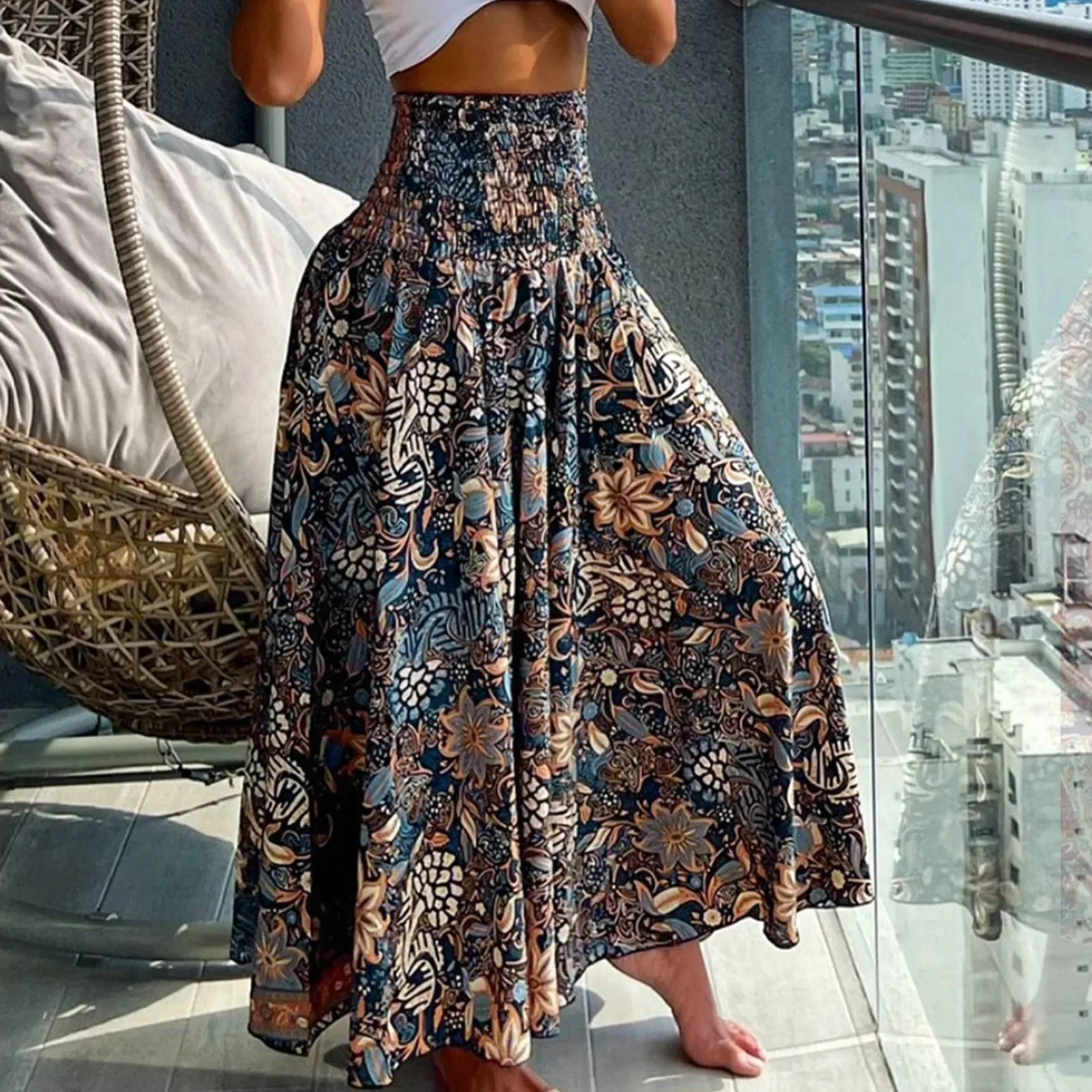 

Floral Print Skirts Women Receive Waist Vintage Floor Length Skirt Female Loose Stylish Print Skirts