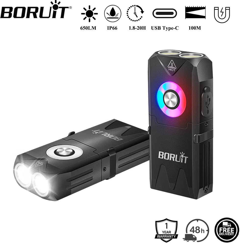 

BORUiT EV25 650LM EDC Keychain LED Flashlight Type-C Rechargeable RGB Work Light Torch with Magnet Camping Pocket Lantern