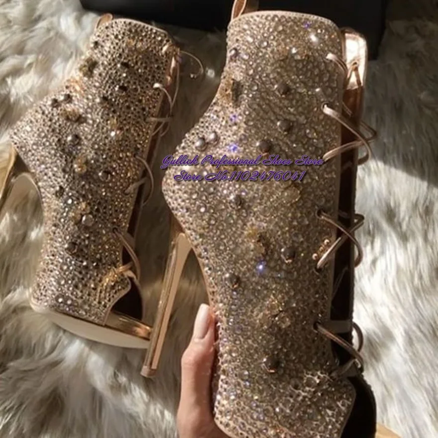 

Bling Bling Peep Toe Crystal Stiletto Thin High heels Boots Gold Silver Diamond Sandal Booties Glitter Rhinestone Lace-up Shoes