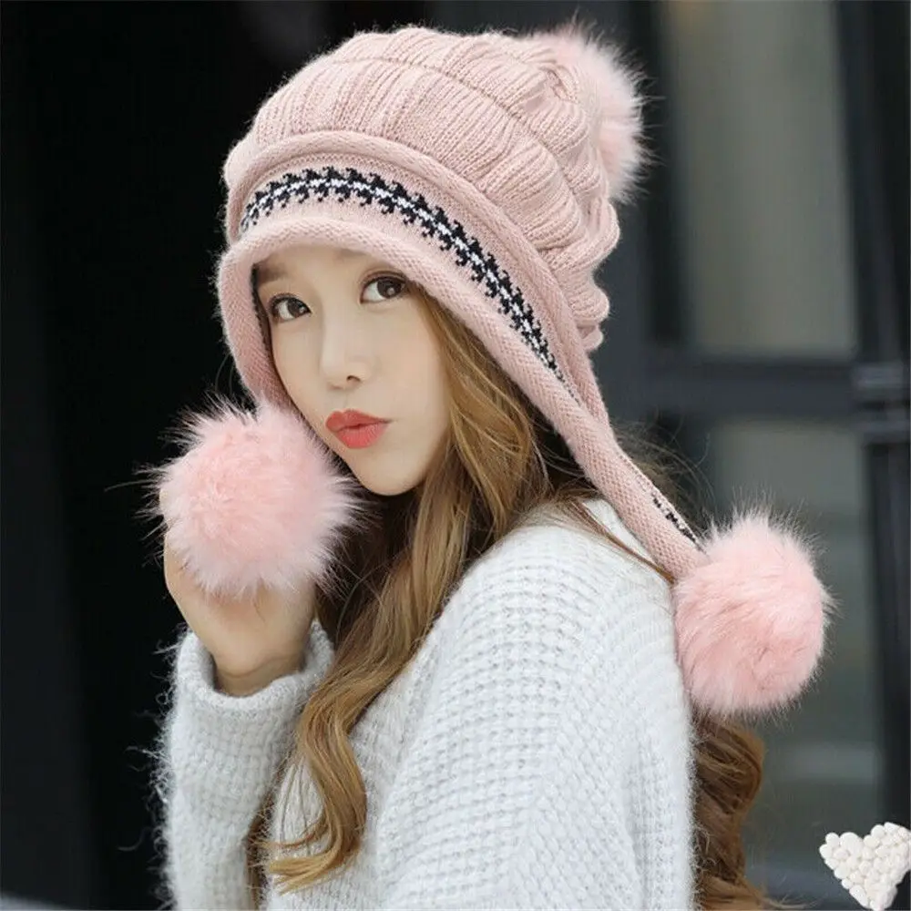 

Winter Beanie Hat Gloves Set Ladies Double Pom Pom Fur Skullcap Women Warm Knitted Bobble Ski Cap Outdoor Casual Beret Hat