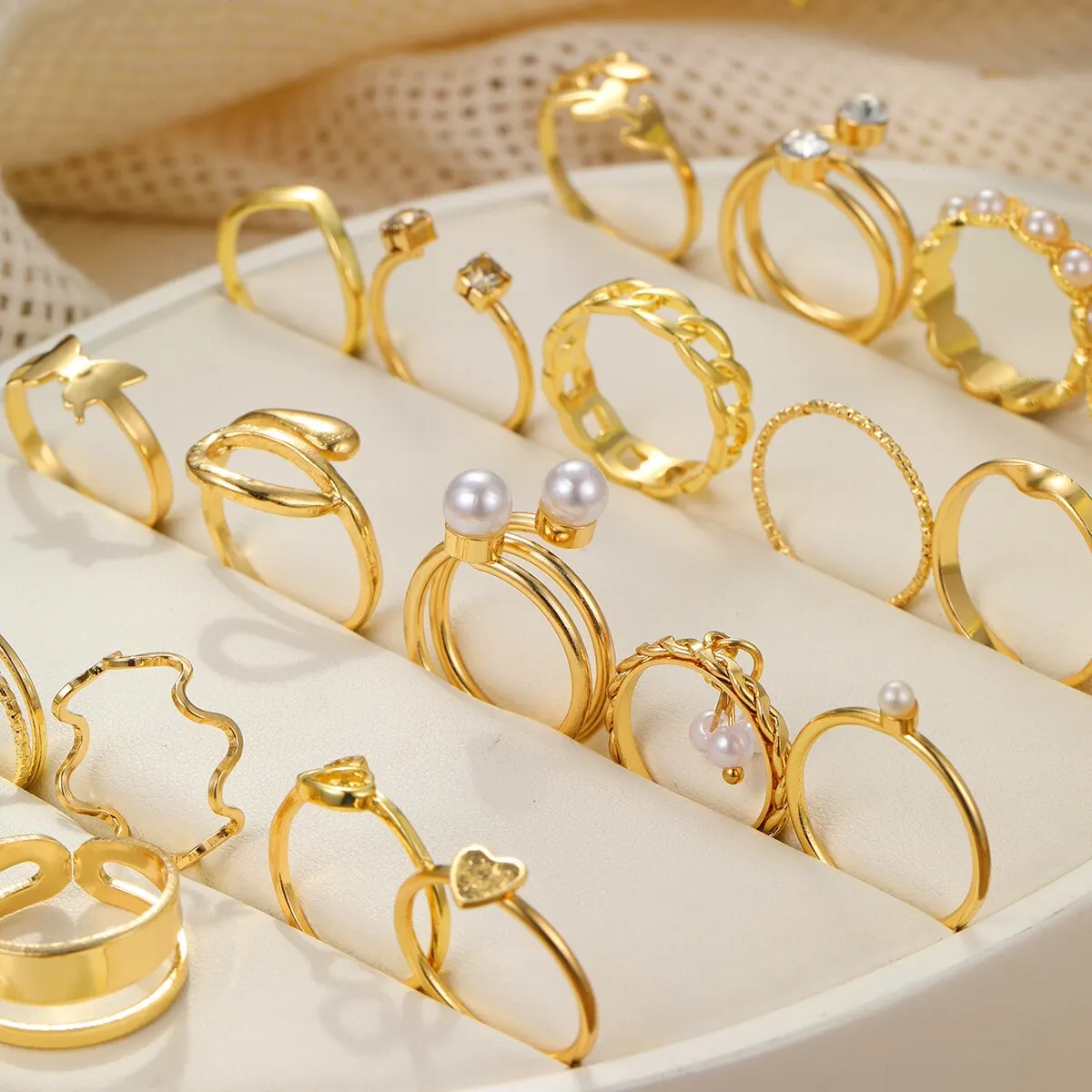 22 Sets Of Ladies Jewelry European And American New Creative Simple Temperament Spiral Fake-pearl Love Ring Gold-color image 3