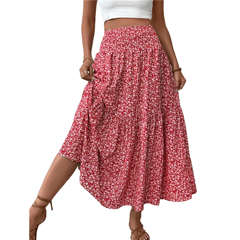 

A18P-Женская юбка-миди с высокой эластичной резинкой на талии, повседневные летние модные струящиеся юбки трапециевидной формы с цветочным принтом и рюшами