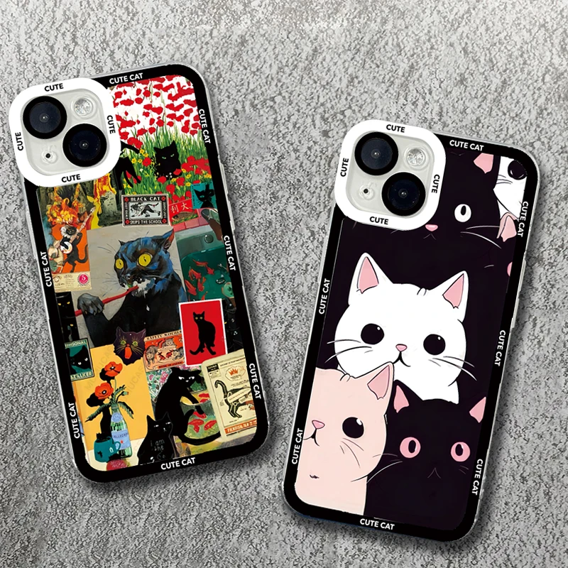 Korean Cute Cat Couple Phone Case for Samsung Galaxy S24 S21 FE S22 S23 Ultra Plus A13 A32 A33 A35 A55 A52 A53 A54 A14 A15 Cover