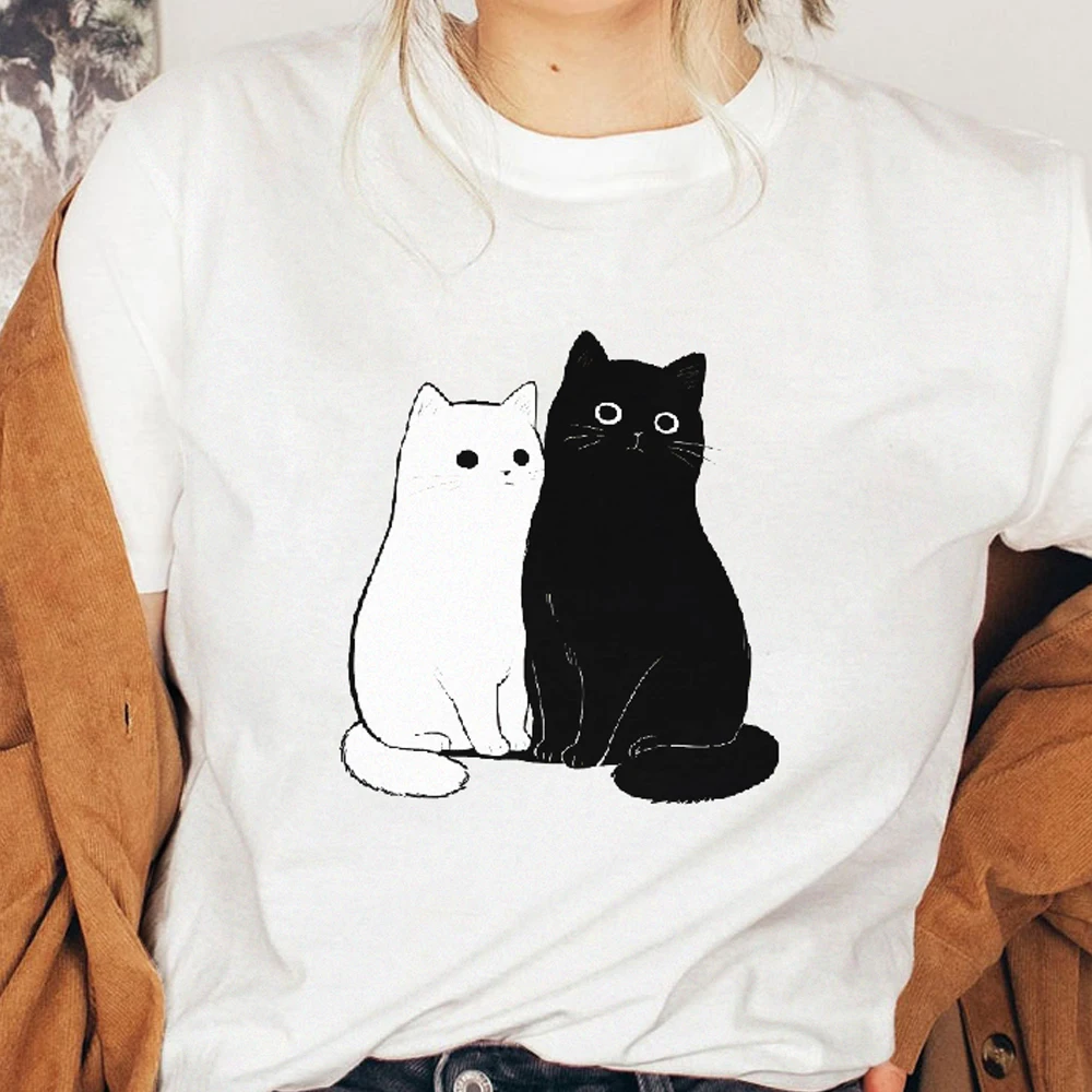

Y2K Cotton Casual Women‘s T-Shirt Short Sleeve Round Neck Fitted Cute Cartoon Sitting Black&White Cat Adorable Daily Wear Tee