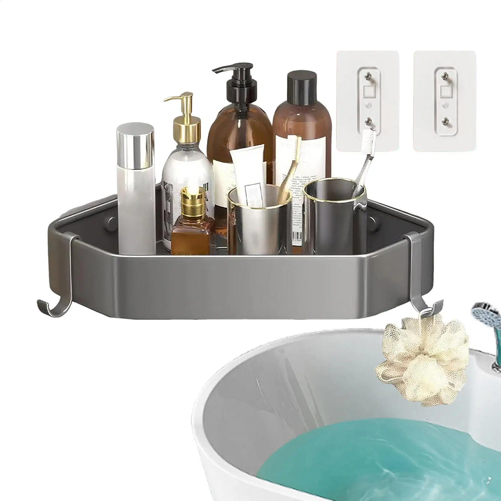 

Shower Organizer Wall-Mounted Bathroom Rack Heavy-Duty No Drilling Triangular Shower Corner Shelf For RV Bathroom Dormitory Home