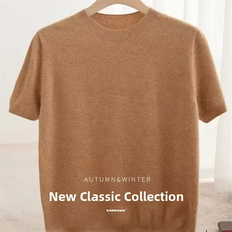 

Мужская футболка из 100% чистой шерсти, вязаная, большого размера, свободного кроя, повседневная, с круглым вырезом, дышащая, в городском стиле