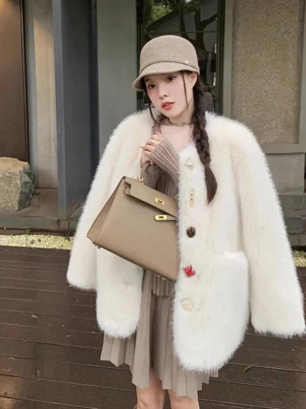 Nuevo abrigo de piel ecológico Sle de invierno para mujer, ropa grande con calor de cuero y piel intermonados ort V-Ne