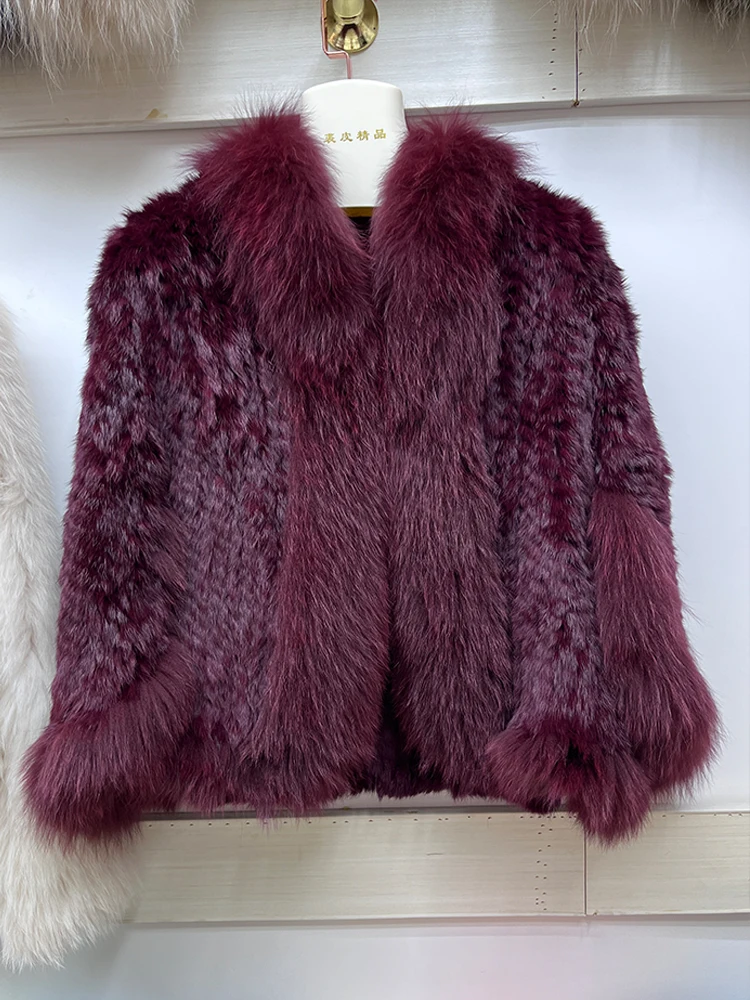 Chaqueta de piel de conejo 2024 Natural para mujer, abrigo tejido con cuello de piel de zorro Real, ropa de lujo