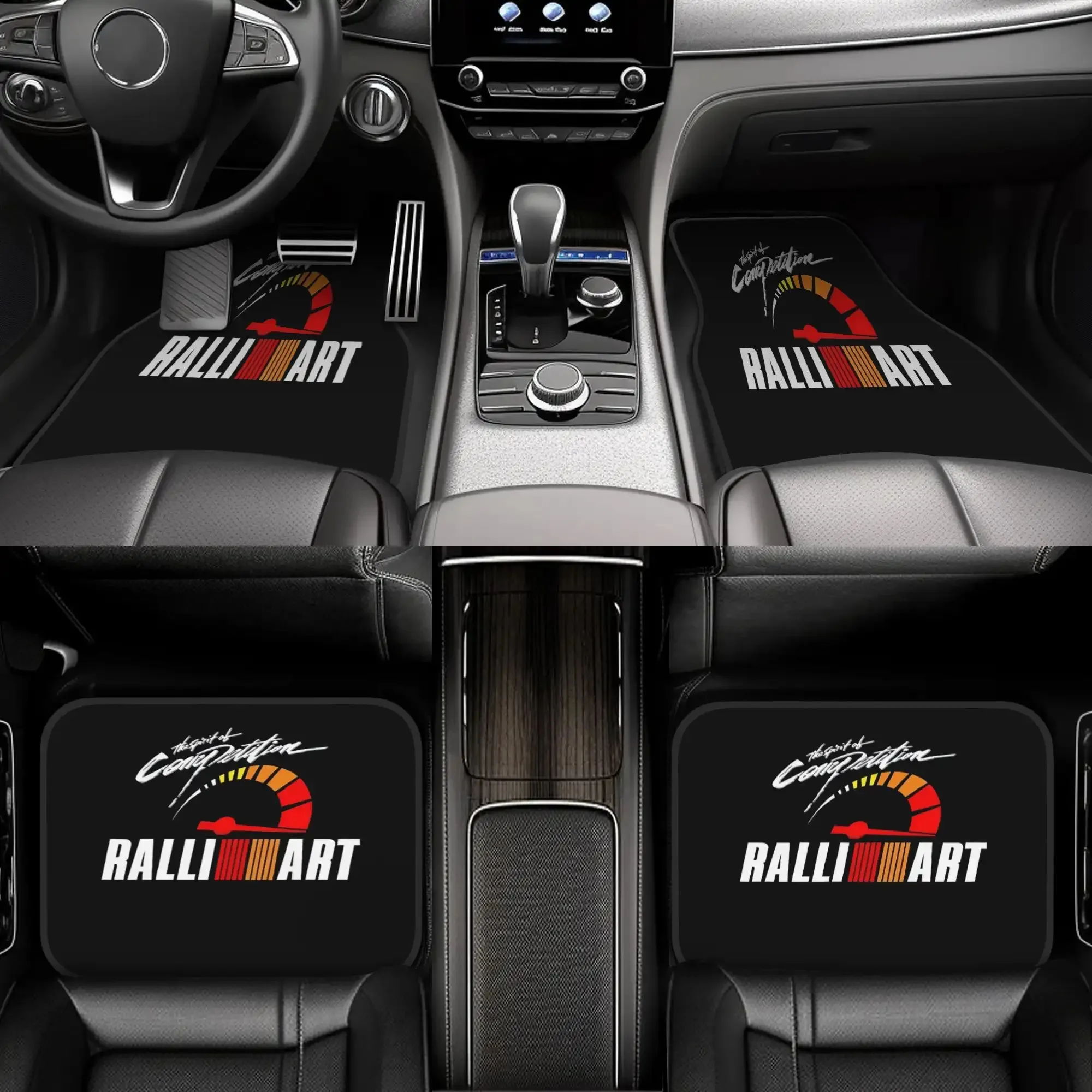 Set Of 4 Ralliart Car Floor Mats Made From Sturdy Polyester Fiber, Featuring A Fun Design With Red And White Stripes Along With