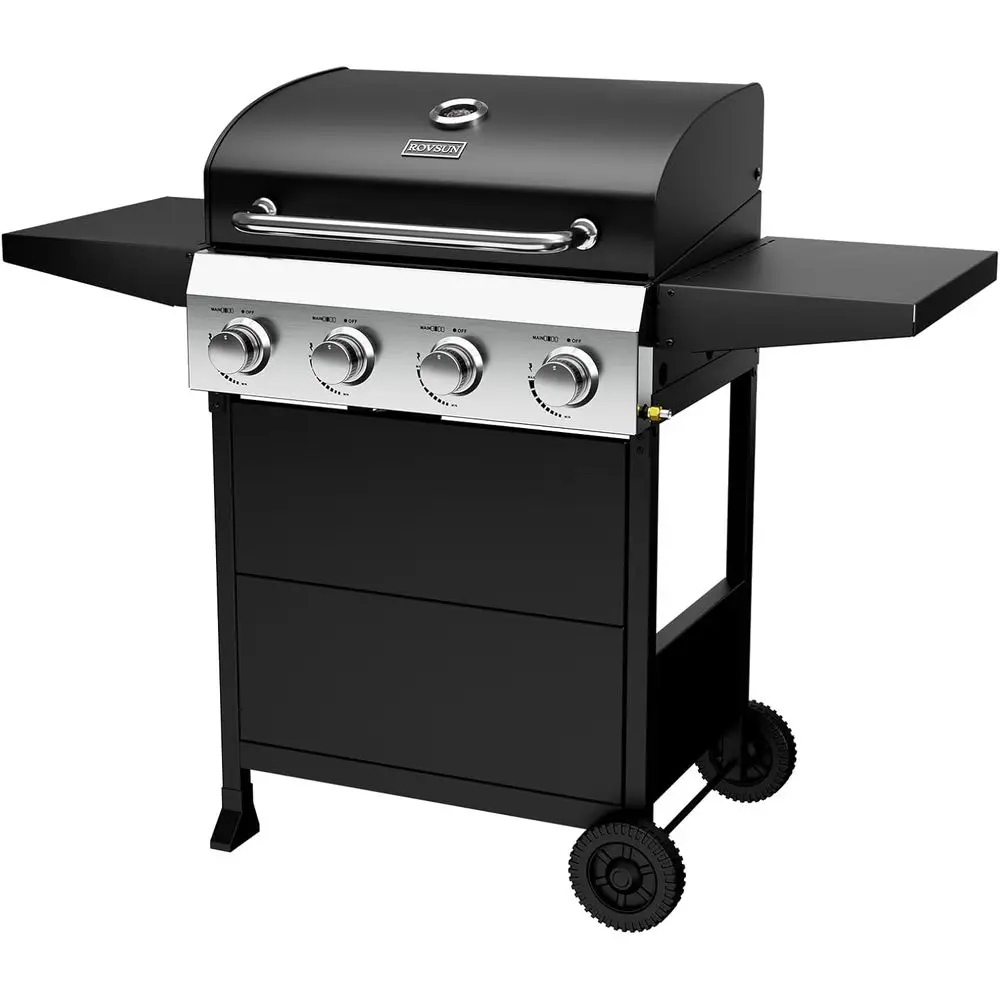 

4-Burner Propane Gas BBQ Grill with Foldable Side Tables & Enameled Cast Iron Grates, 40,000 BTU Barbecue Grill with Portable Wh