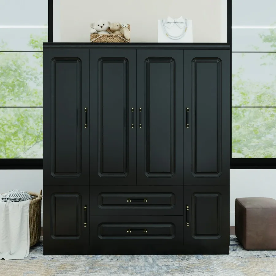 

Livelylodge Modern Black Wardrobe with Large Storage Capacity 4 Doors 2 Drawers Elegant Design with Gold Handles for Bedroom Or