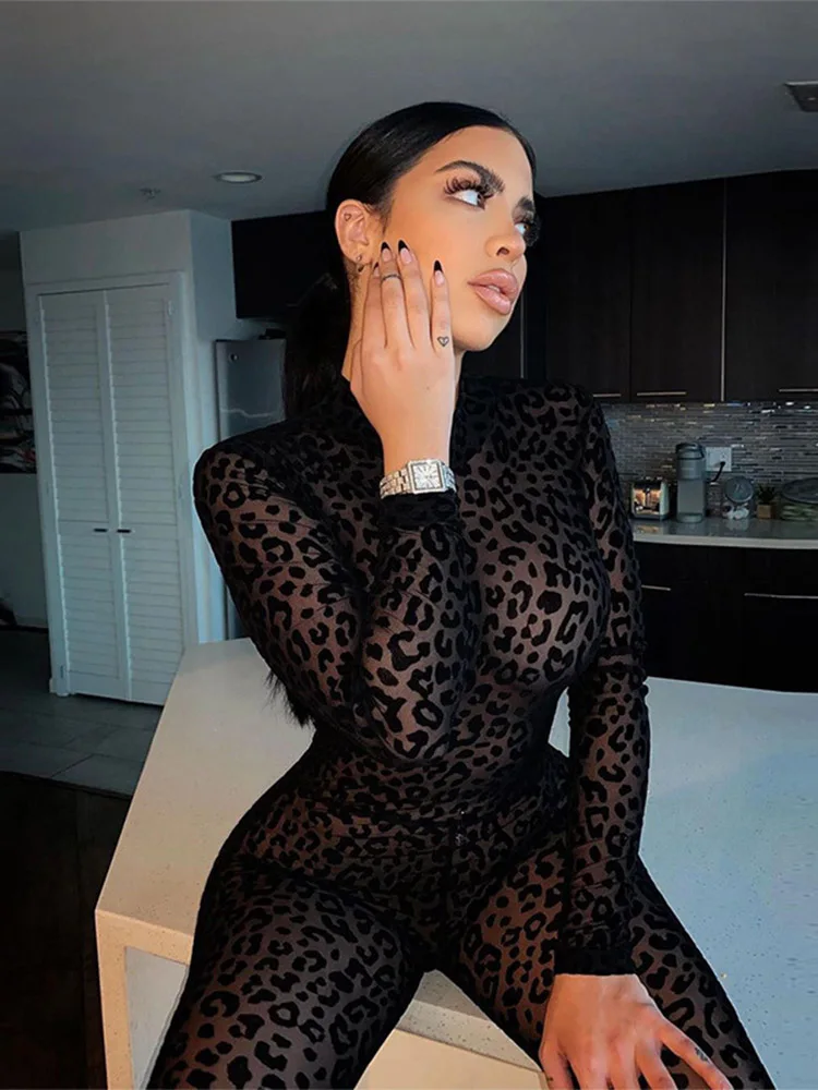 Animal Instinct Mesh Bodystocking Leopard See Through Velour Long Sleeve Rompers Womens Jumpsuit Sexy Midnight Clubwear