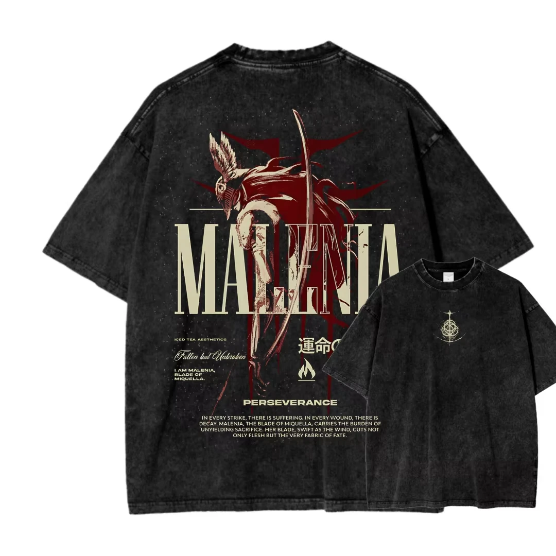 Action Game Malenia Peripherals Graphic Print T-Shirt Men Women Retro Washed Cotton Loose Casual Oversized Top Summer New Tee