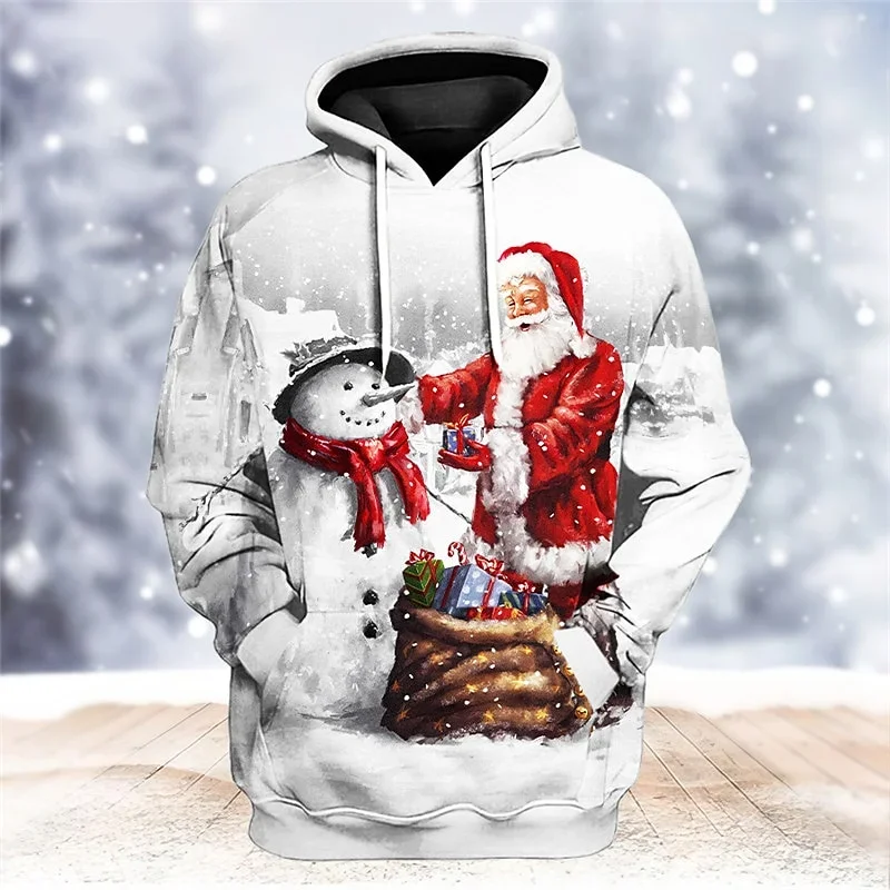 3D printed fun and ugly Santa Claus men's hoodie with Christmas reindeer pattern long sleeved casual sportswear suitable for bot