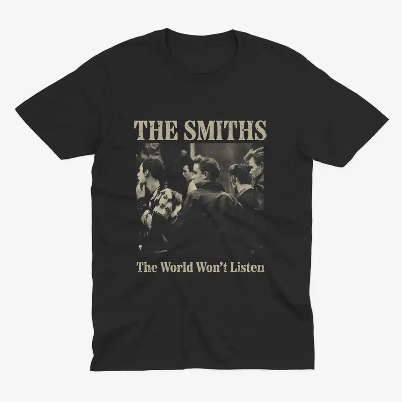 

The Smiths The World Won’t Listen Album Cover Graphic T-Shirt – Indie Rock Compilation Album Retro Photo Print Cotton Apparel