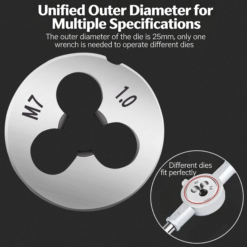 9 Pcs Metric Die Set Thread Round Dies M3-M12 with T-Handle Wrench Thread Restorer for Screw Repair & Rethreading